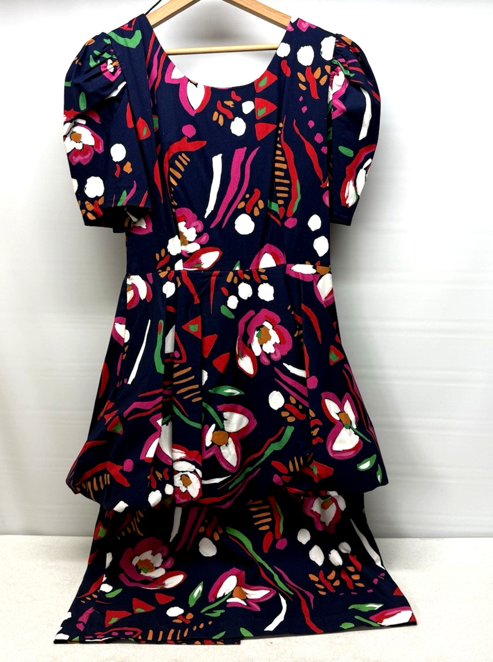 A La Mode Dress A-line Navy Print Puff Sleeve Peplum Scoop Neck Sz 11/12 Vtg 90s